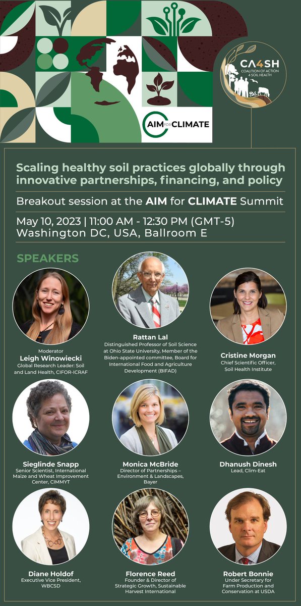 ⏰ Happening on 10 May | 11:00 AM (GMT-5)

This session organized by the @ca4sh_global at the #AIM4CLIMATE Summit will bring together actors from different sectors to highlight a roadmap to the successful scaling of healthy #soil practices.

✍️Register: bit.ly/3H3Gazk