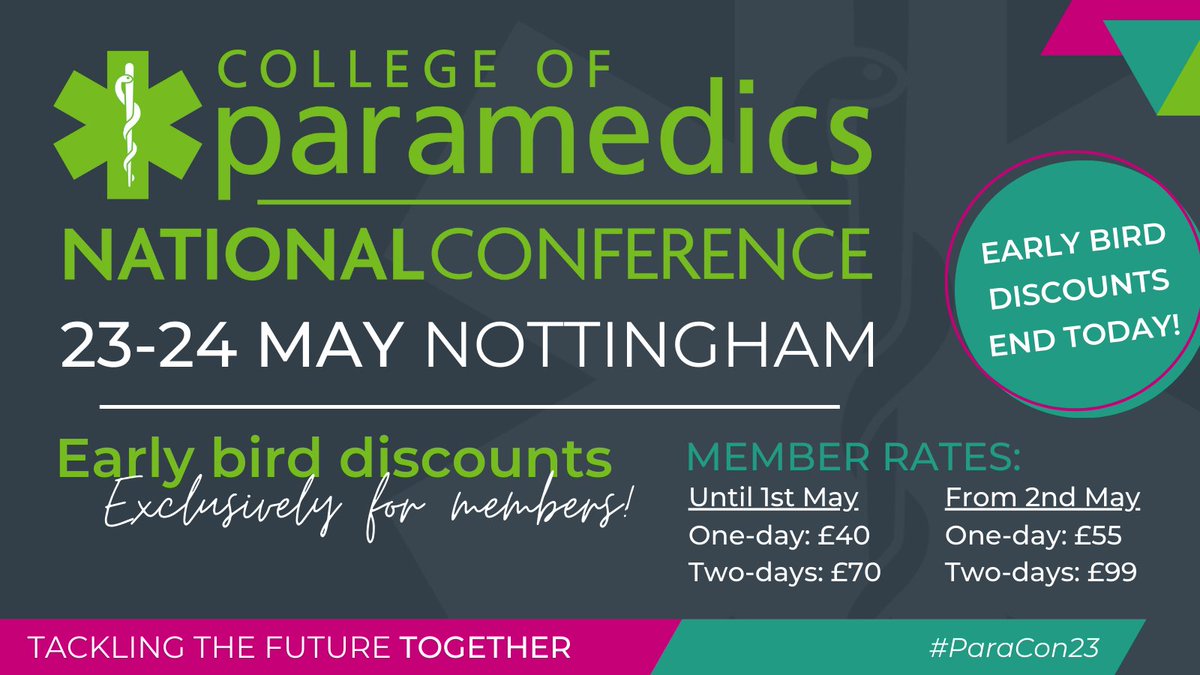 #ParaCon23 🐦 Special early bird booking rate exclusively for our members ends today! 
 
Get your ticket 👉 bit.ly/3AfbJT6 
 
- Over 30 Presenters 
- Large Exhibitor Area 
- Networking Opportunities 
- Poster Presentations 
- CPD Certificates 
 
#Paramedic #ParamedicsUK