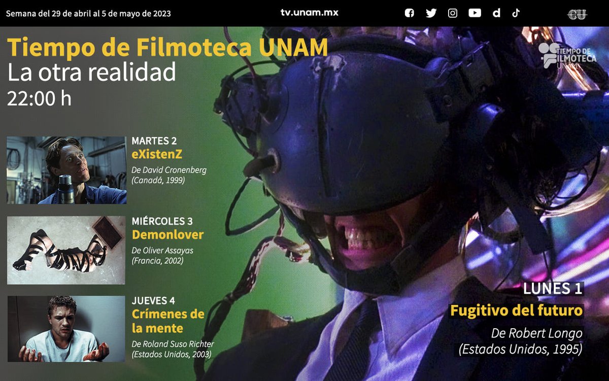 Corporaciones, datos, juegos, realidad virtual, dibujos animados, espías y viajes en el tiempo en nuestro #CicloLaOtraRealidad:

«Fugitivo del futuro»
«eXistenZ»
«Demonlover»
«Crímenes de la mente»

📺 Lunes 1 al jueves 4 de mayo, 22:00 h.