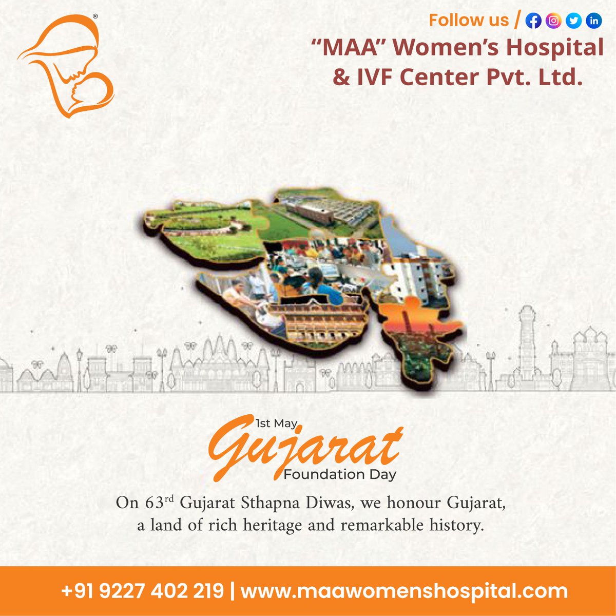 On this Gujarat Day, let us celebrate the vibrant culture, rich heritage, and the remarkable progress of this great state. Happy Gujarat Day 2023

#MAAWomensHospital #HappyGujaratDay #Gujarat #GujaratDay2023   #GujaratDay #gujaratfoundationday  #ગુજરાતસ્થાપનાદિવસ #જયજયગરવી_ગુજરાત