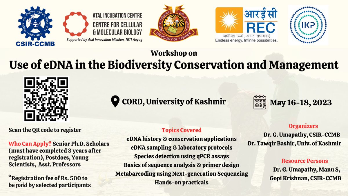 AIC_CCMB's tweet image. A unique workshop on the use of eDNA in biodiversity conservation and management is coming your way. Hosted by @UoKashmir at COSI lab and organized by @AIC_CCMB and sponsored by CSR @RECLindia 
Registration link: tinyurl.com/UOKCOSI 
#eDNAinBiodiversity #ConservationWorkshop