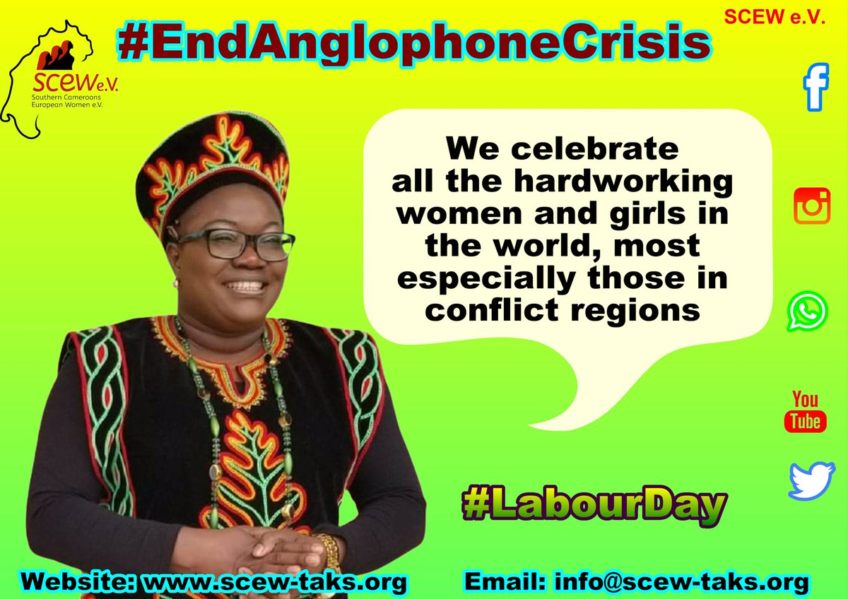 ScewTaks's tweet photo. Today 1st of May #LabourDay we celebrate all the hardworking women and girls in the world, most especially those in conflict regions.
Kudos to all the hardworking women!
#EndAnglophoneCrisis and initiate #Peacetalks
#Diasporawomeninaction #DWiA
#UnityIsStrength
@melaniejoly @hrw https://t.co/c0w4gzb3sN