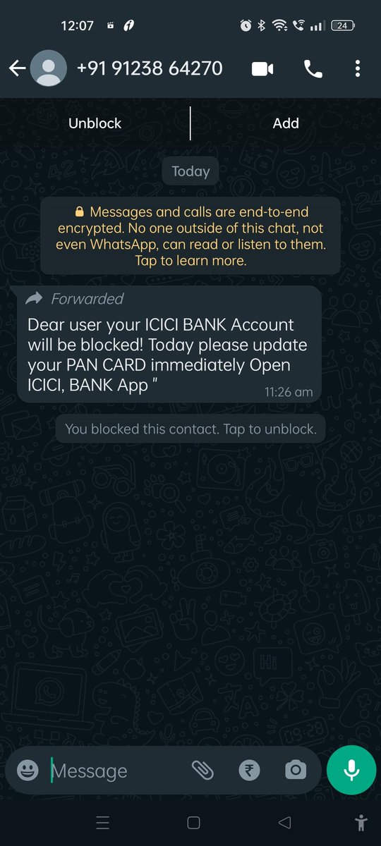 bikash_kumar2's tweet photo. @ICICIBank @CybercrimeCID @PoliceBangalore today I received this WhatsApp massage , and I blocked it, can you please take action against this https://t.co/G1X28MDSau