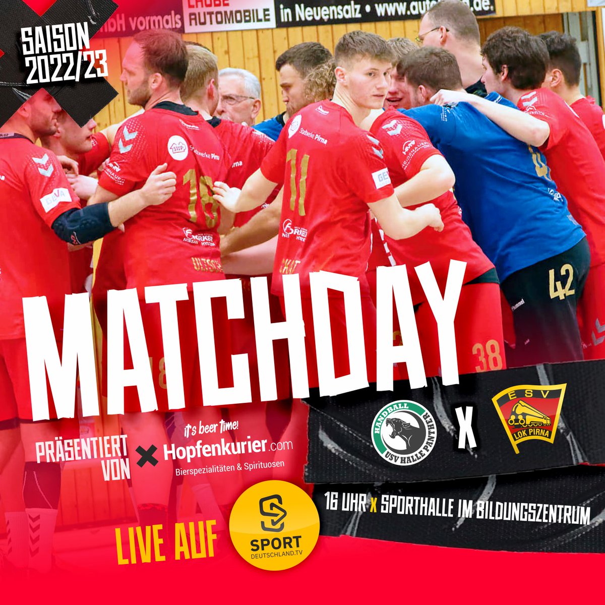 LokPirna's tweet photo. 🔥  MATCHDAY
🍺 präsentiert von https://t.co/u501bOroUi 
🆚️ @usv_handball
⏰ 16:00 Uhr
🏟  Sporthalle im Bildungszentrum
📺 Livestream auf @SportDE_TV  ➡ https://t.co/9INkoyFTKo
💛❤ #wirsindeisenbahner https://t.co/NwzxrWCEHZ