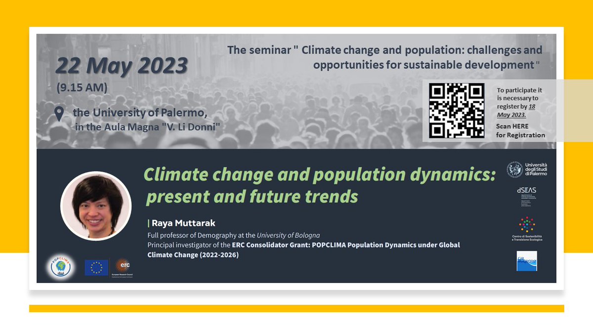 popclima's tweet photo. Our PI: Raya Muttarak is going to give a presentation on #ClimateChange and #population dynamics: present and future trends 🌏on 22 May 2023 at the University of Palermo (on-site) #unipa #POPCLIMA #unibo 

Info: https://t.co/LQUHHCOotK
Register is NEEDED!!  📲👇 https://t.co/q38d19zXBe