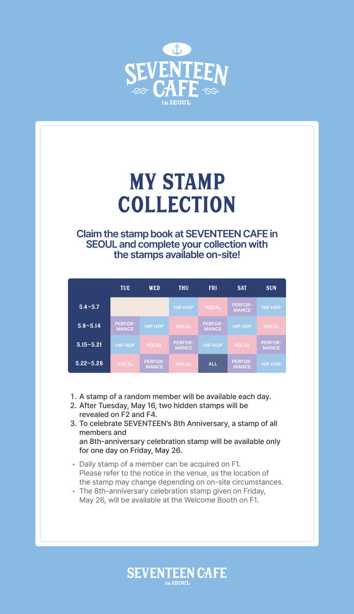 HYBE_MERCH's tweet photo. SEVENTEEN CAFE in SEOUL
MY STAMP COLLECTION 💎

📆 2023. 05. 04 - 2023. 05. 28
🕙 11AM - 9PM KST (Closed on Monday)
⚓ 일상비일상의틈 by U+ (강남대로 426)

#SEVENTEEN #세븐틴
#SVT_CAFE_in_SEOUL https://t.co/n7fKi7xxRx