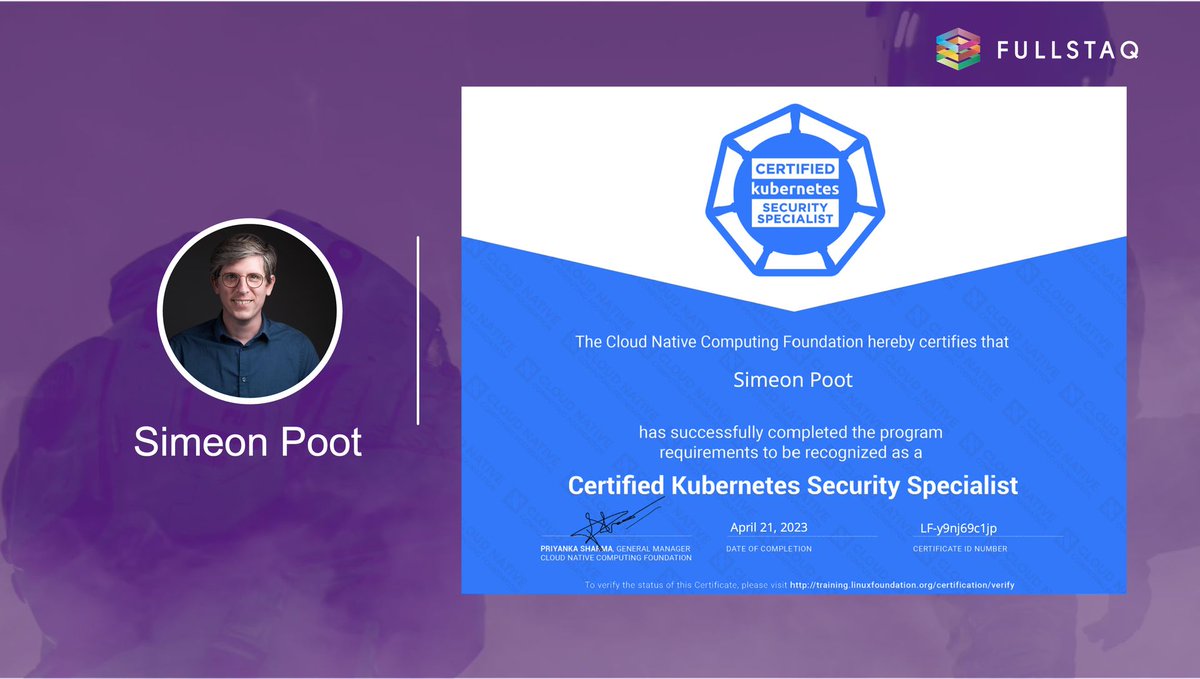 fullstaq's tweet photo. Congratulations Simeon! After getting his CKA and CKAD, Simeon is now also Certified Kubernetes Security Specialist. The trinity is complete 🗡️ Well done.

#CKSS #devops #kubernetes #k8scertificate #certificate #cloudnative #security https://t.co/P0rDIgEuIp