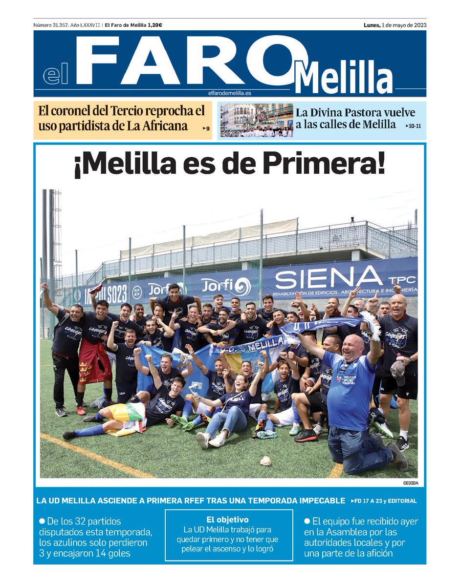 No es un sueño😴, lo dice los periódicos. 🗞️

¡La <a href="/UDMelilla/">Unión Deportiva Melilla</a> es campeona! 🏆

¡La <a href="/UDMelilla/">Unión Deportiva Melilla</a> es de Primera RFEF! 1⃣🔝
