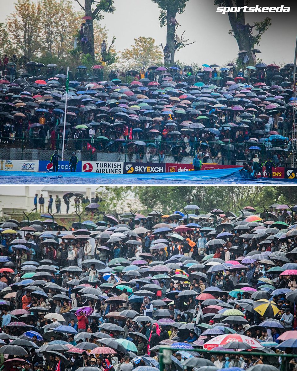 Sportskeeda's tweet photo. The craze for cricket in Nepal 🇳🇵🔥 

All fans waiting in rain for the Nepal vs UAE match to resume as the winner will join India &amp; Pakistan in the Asia Cup 2023 🏏

#AsiaCup #Cricket #NEPvUAE https://t.co/BjuAjsmg67