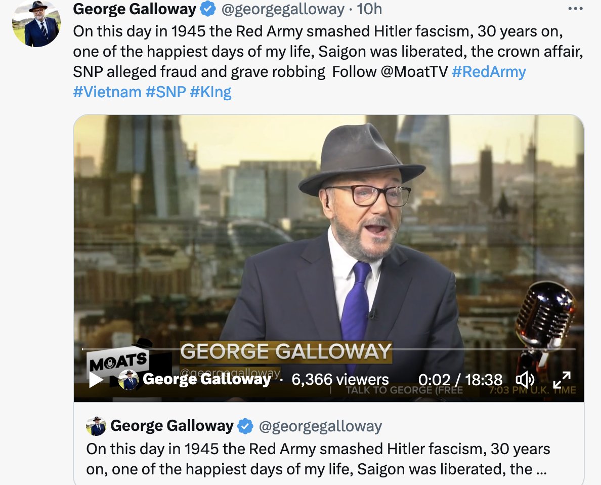After many years service as a lickspittle for Arab dictators like Saddam and Assad, Galloway has shifted his focus to the oppressive communist regimes that he's always supported. As the late Peter Hitchens said of him - "The man's hunt for a tyrannical fatherland never ends".