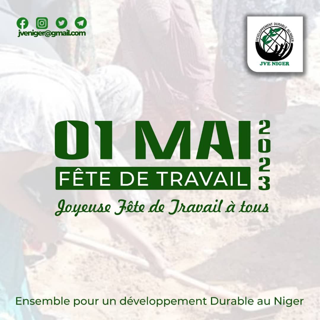 Un travail descent à tous ces jeunes désireux de contribuer au développement de leurs pays.
Célébrons la journée internationale du travail 1er  Mai 2023.
<a href="/NigerJve/">JVE NIGER</a> #fêtedetravail