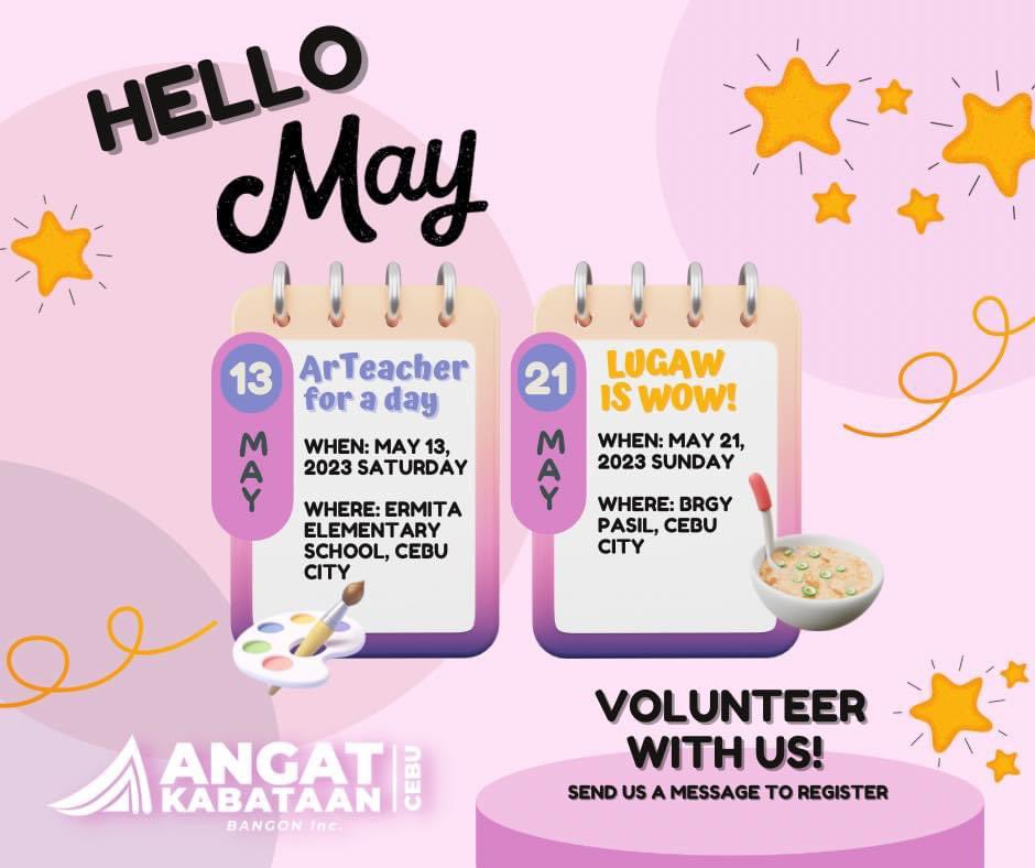 ABYCebu's tweet photo. |[AKC Calendar 🗓️]|

We're back with our calendar of activities for upcoming events for the month of May by Angat Kabataan - Cebu!

📌 ArTeacher for a day! | May 13, 2023 
📍 Ermita Elementary School, Cebu

📌 Lugaw is wow! | May 21, 2023
📍 Brgy. Pasil, Cebu City https://t.co/z3o8gdi08V