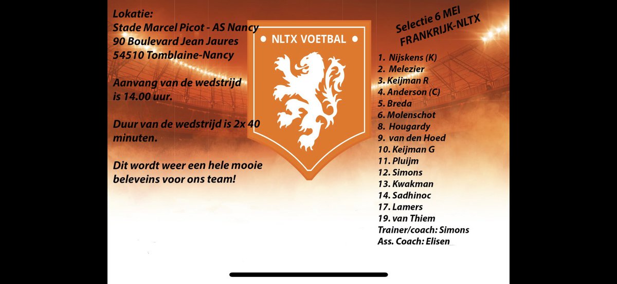 Selectie voor de interland tegen Frankrijk.