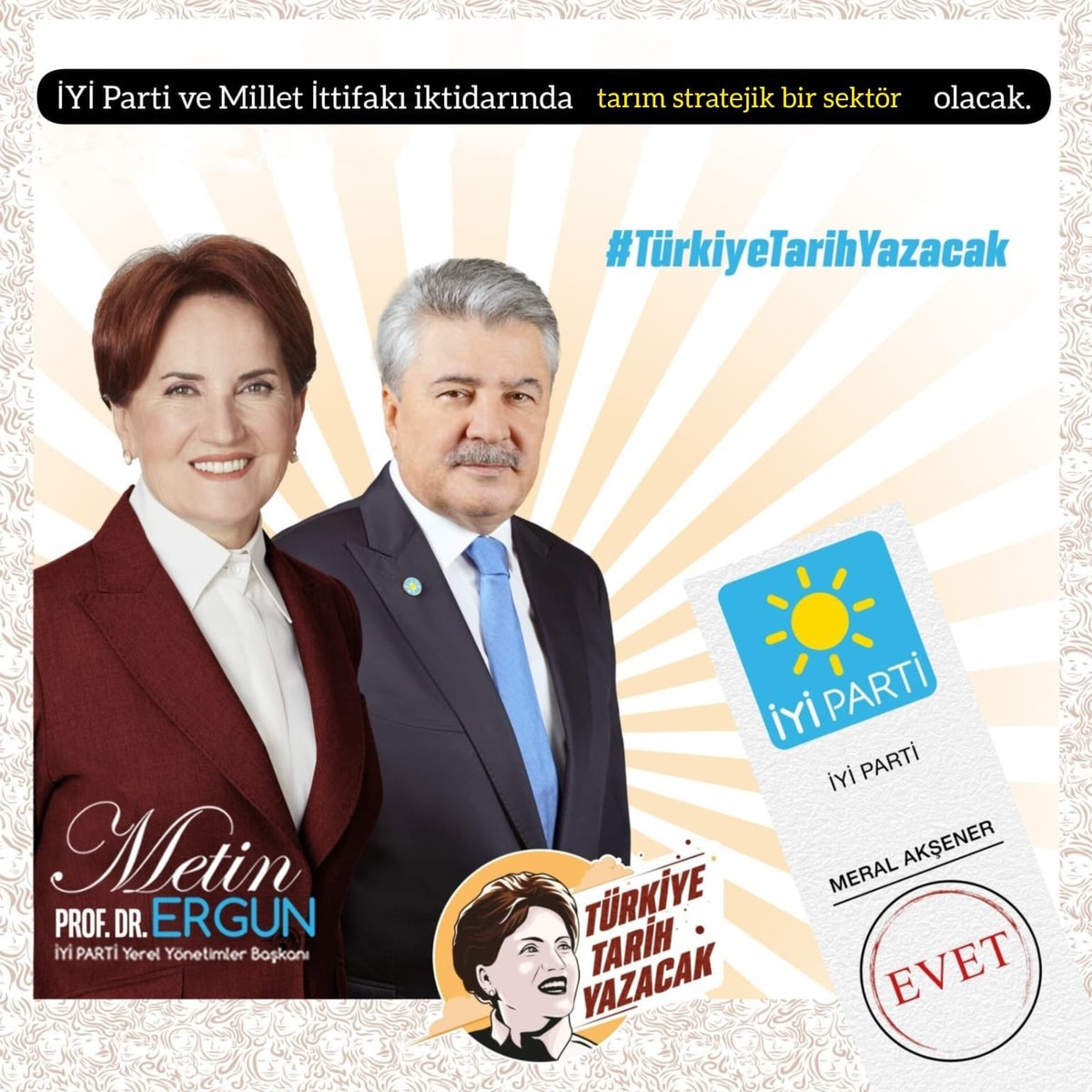 İYİ Parti ve Millet İttifakı iktidarında tarımı "stratejik sektör" yapacağız.
 
☀️Mazotta ÖTV'yi kaldıracağız.

☀️Tarımda kullanılan elektrik indirimli olacak.

☀️Gübre ve tohum maliyetinin %50’sini destek olarak çiftçiye geri vereceğiz.

☀️Hep birlikte #TarihYazacağız!