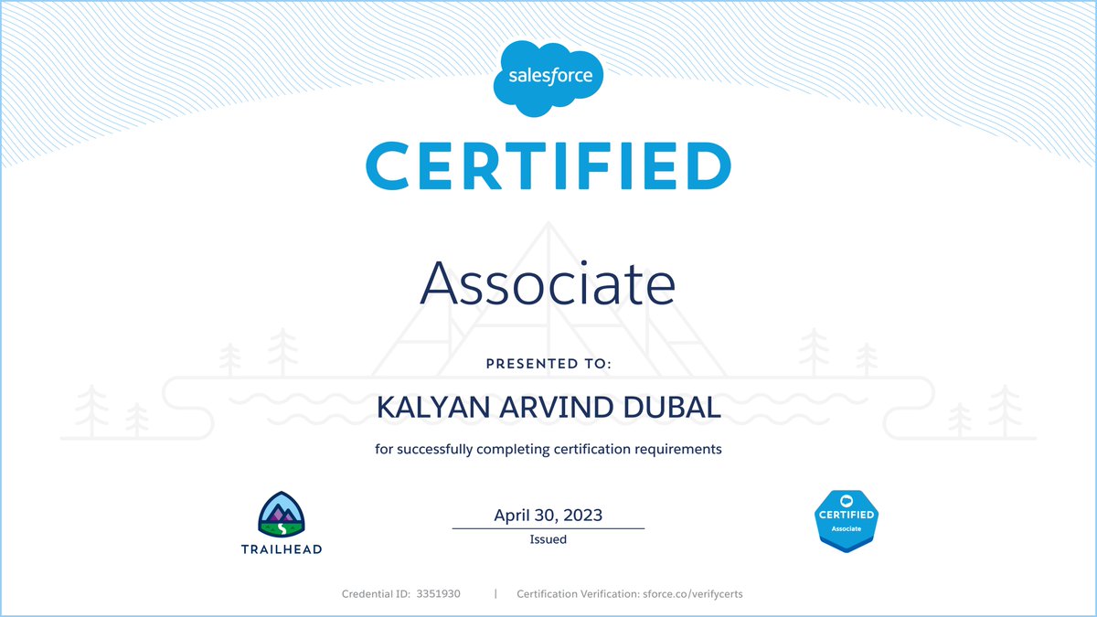 KalyanDubal's tweet image. I’m happy to share that I’ve obtained a new certification Salesforce Certified Associate from @salesforce✌️Done with Basics✅5x #salesforcecertified🏁

Appearing for this #certification will allow you to brush up on @trailhead basics &amp;amp; reminisce your career #Journey2Salesforce !