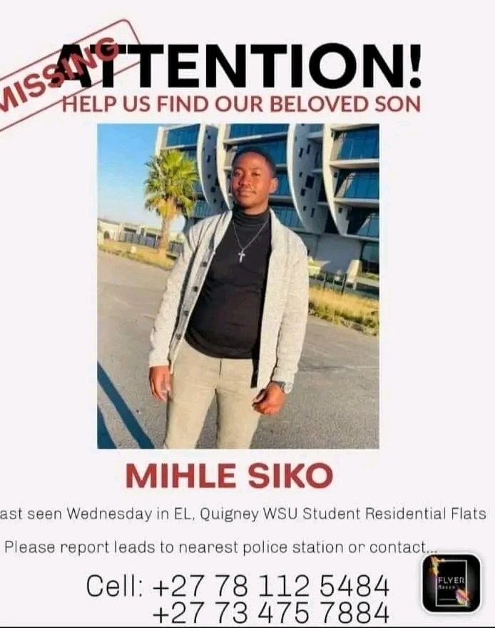 buffalo_insider's tweet photo. Missing Person ⚠ 

MIHLE SIKO, was last seen on Wednesday 26 April 2023 in Quigney (WSU Residental Flats), East London.

Anyone with further information can contact 078 112 5484 | 073 475 7884 https://t.co/fSxSzPWUcA