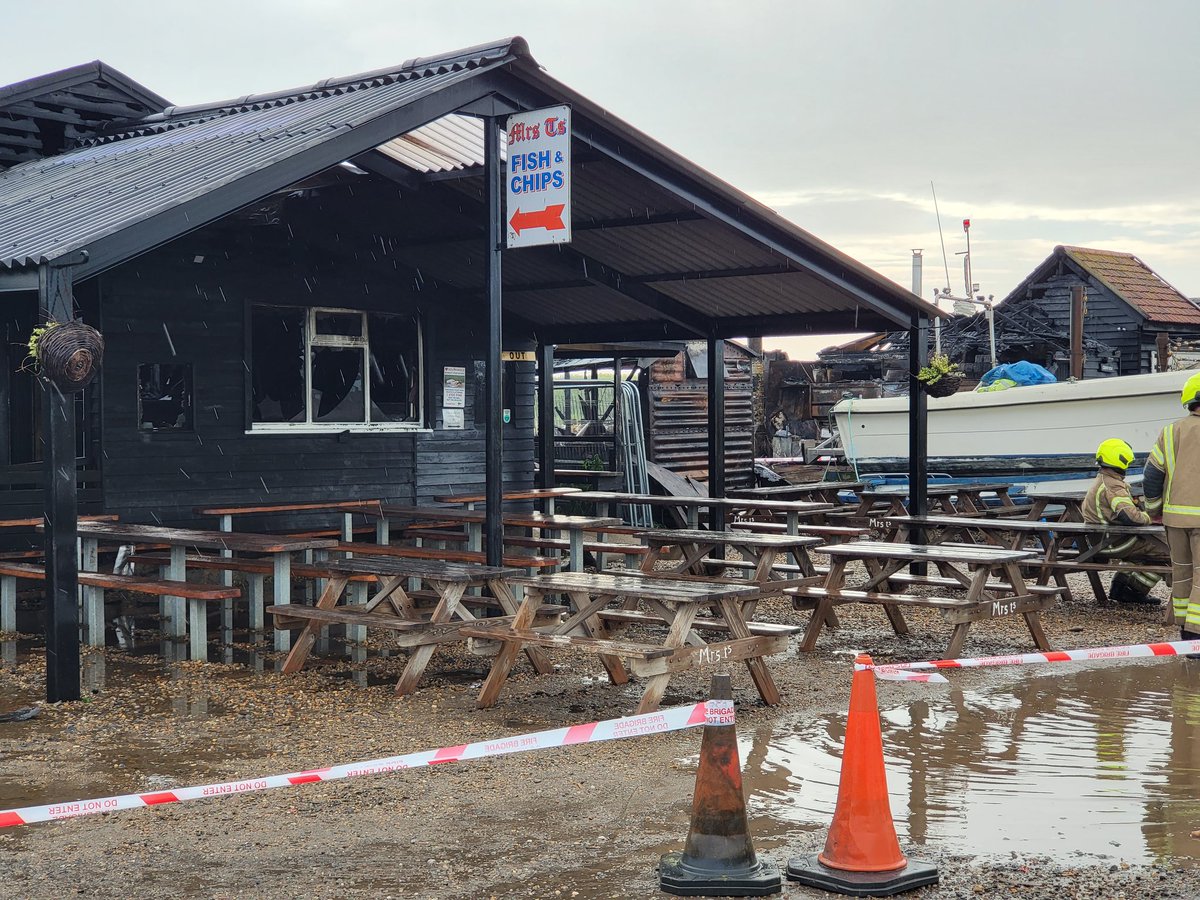 Fire Brigade are still damping down this morning. Hit both chip shops Sole Bay and Mrs T's. Got to feel for the owners right at the start of the summer season. #Southwold #Suffolk
