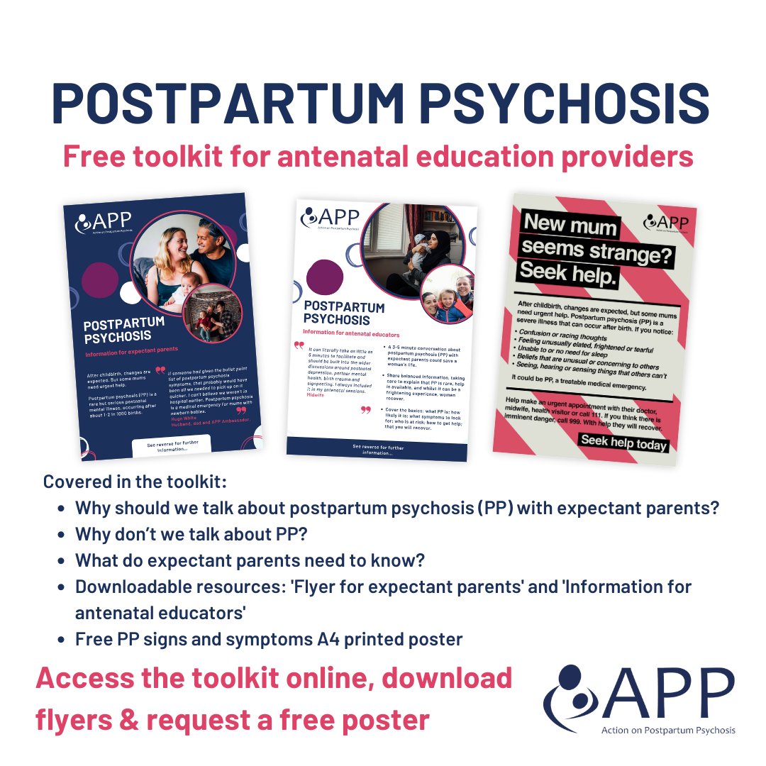 Talking About Postpartum Psychosis – A FREE Toolkit for Antenatal Educators.

This new toolkit has been developed to support antenatal class providers to give lifesaving information about #PostpartumPsychosis to all expectant parents.

Access the toolkit: app-network.org/antenataltoolk…