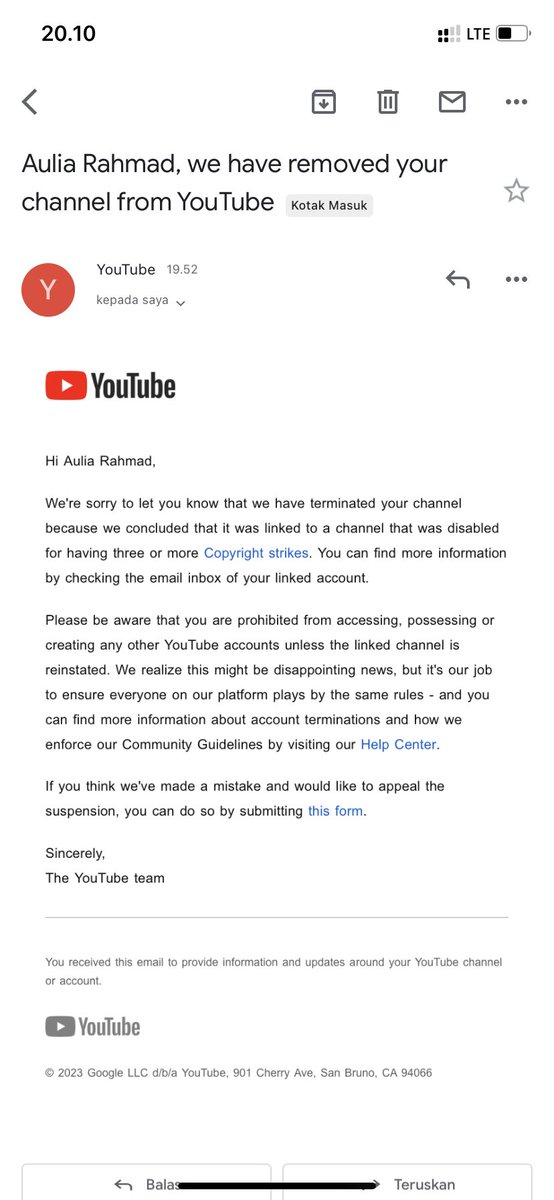 AuliaNagoya's tweet photo. @TeamYouTube Tidak ada berita yang lain, hanya ini kiriman lewat amail saya oleh pihak youtube, mohon beritau kesalahan saya mengenai hasil dari penghapusan saluran saya, email : auliarahmad728@gmail.com, mohon bantuan sama team youtube, segera mangambil tindak tentang ini, terimakasih 🙏🏼 https://t.co/C7T02sjzhP