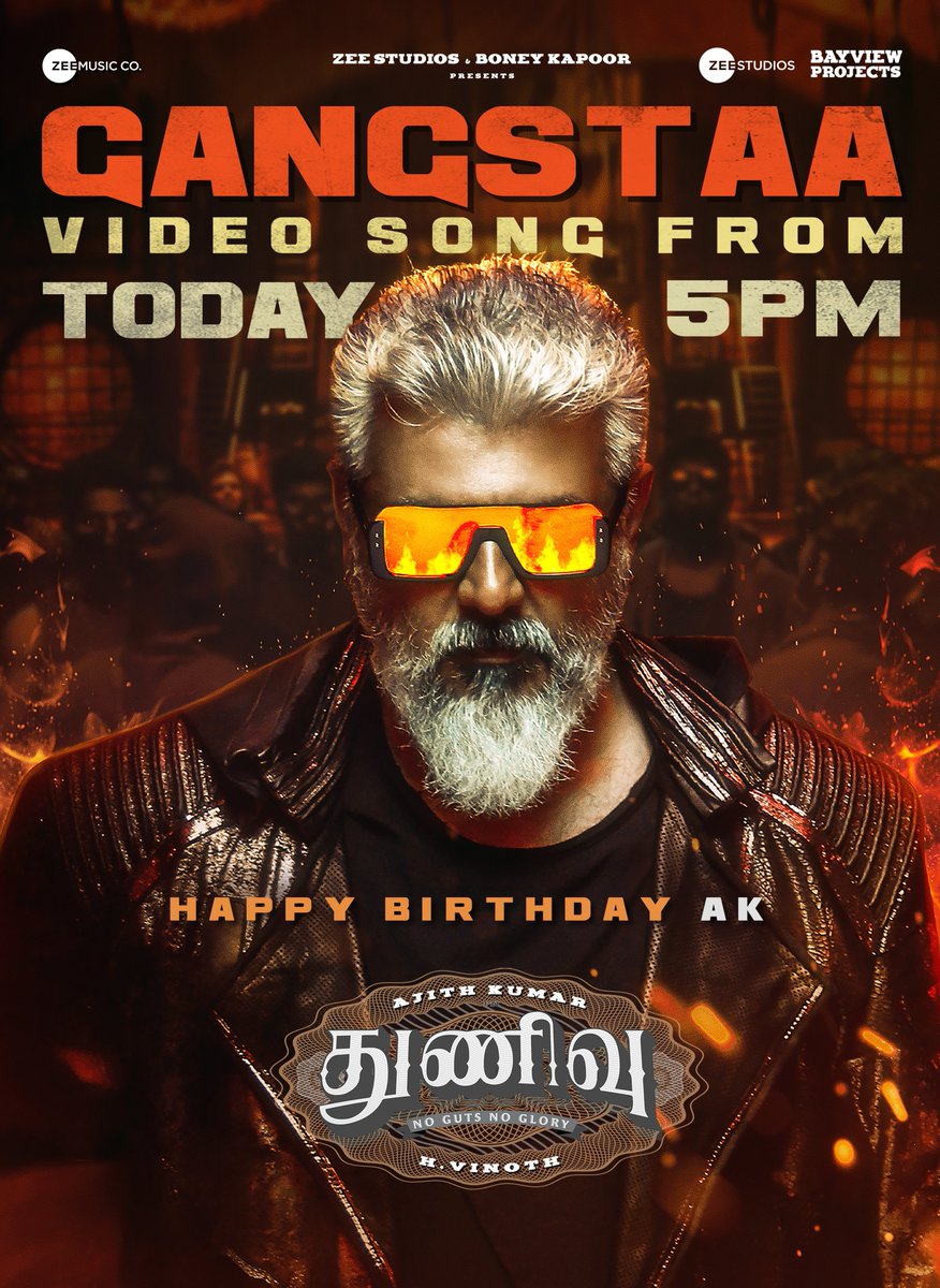 AK birthday'ku naanga edhuvum pannalana eppadi? 😎 Here's a treat from our end- #Gangstaa full video song from #Thunivu releasing at 5 pm today on @zeemusicsouth. 

#HBDAjithKumar 

#AjithKumar #HVinoth @GhibranOfficial  @BoneyKapoor @ZeeStudios_ @mynameisraahul @SureshChandraa…