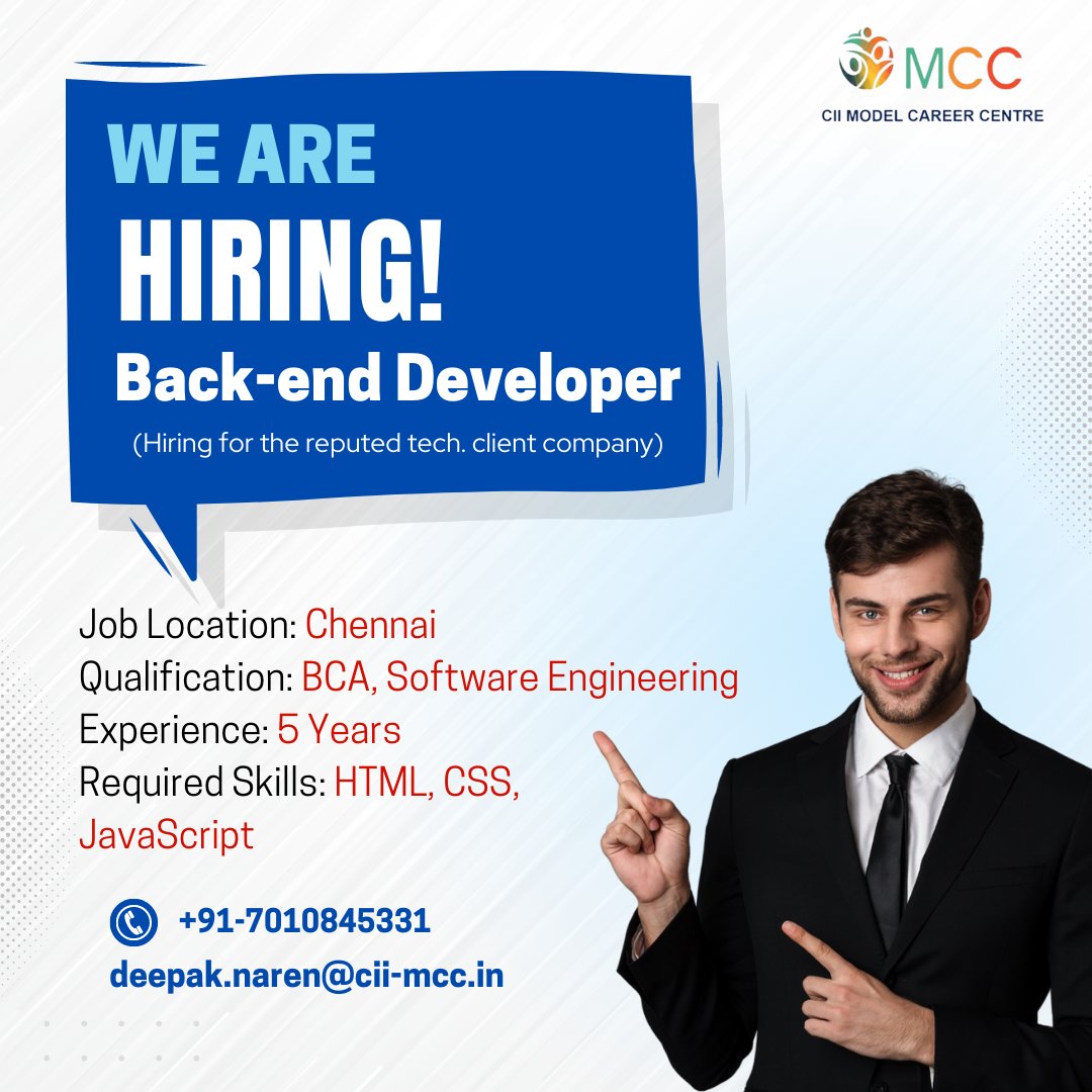 CII Model Career Centre seeking a skilled Back-End Developer to join our client company's team in Chennai!
#BackendDeveloper #WebDevelopment #Java #Python #Nodejs #MySQL #MongoDB #PostgreSQL #Spring #Django #Git #ChennaiJobs #ClientCompany #JobOpening #NowHiring