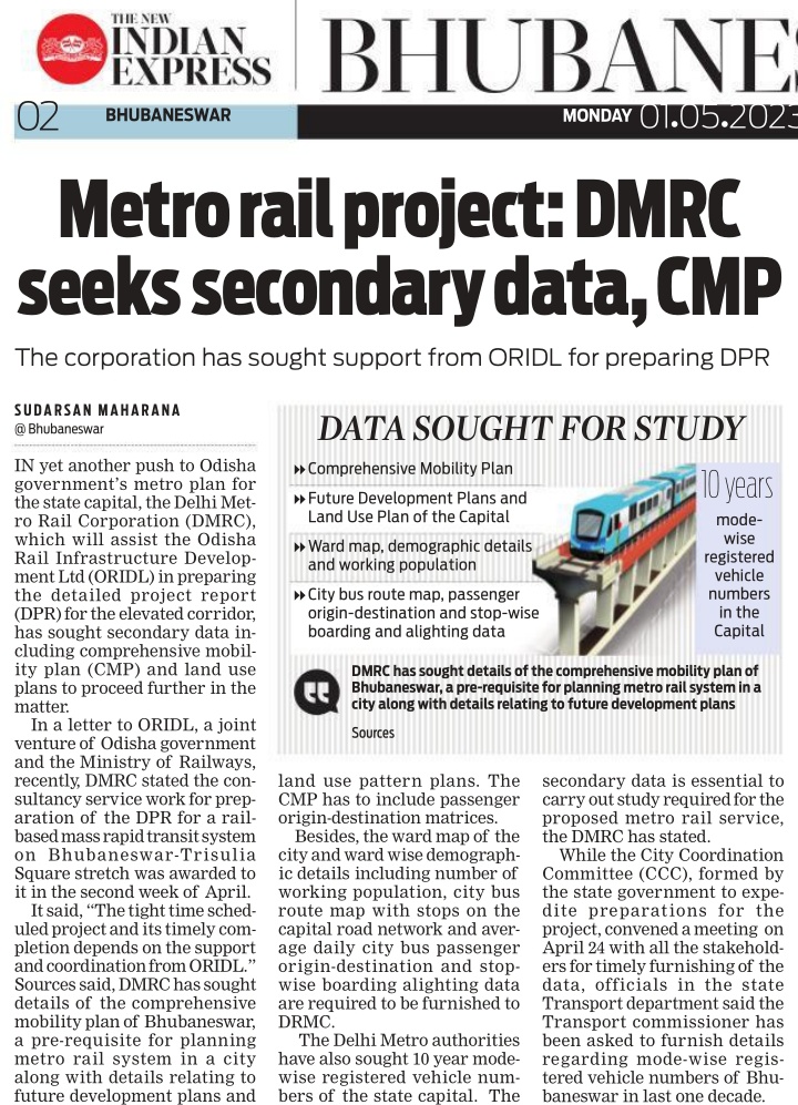 XpressOdisha's tweet image. The @OfficialDMRC, which will assist #ORIDL in preparing DPR for the elevated corridor, has sought secondary data including the mobility plan of #Bhubaneswar to proceed further | @Sud_TNIE's report | #Metro #Odisha

@NewIndianXpress @santwana99 @Siba_TNIE

newindianexpress.com/states/odisha/…