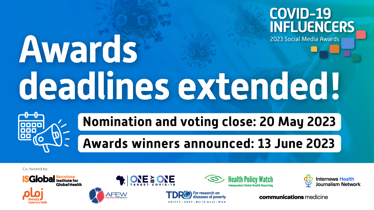 The COVID-19 Influencers 2023 Social Media Awards have just announced an exciting update! The nomination and voting deadline has been extended to May 20th. Nominate someone, cast your votes, and spread the word to show your support.
socmedawards.com/2023/
#SocMed4Good