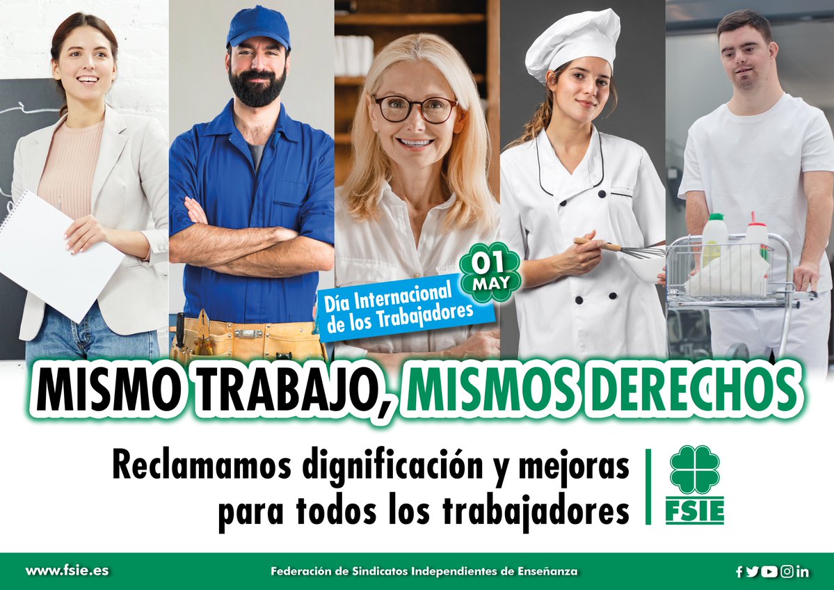 FsieRioja's tweet image. Con motivo del 1 de mayo, Día del #Trabajo, en #FSIE recordamos nuestro compromiso con los profesionales de la #enseñanza #concertada y privada y la atención a personas con #disCapacidad. 
Reivindicamos dignificación y mejoras. 
 buff.ly/3oLKMnm
#SomosFSIE🍀 #EligeFSIE