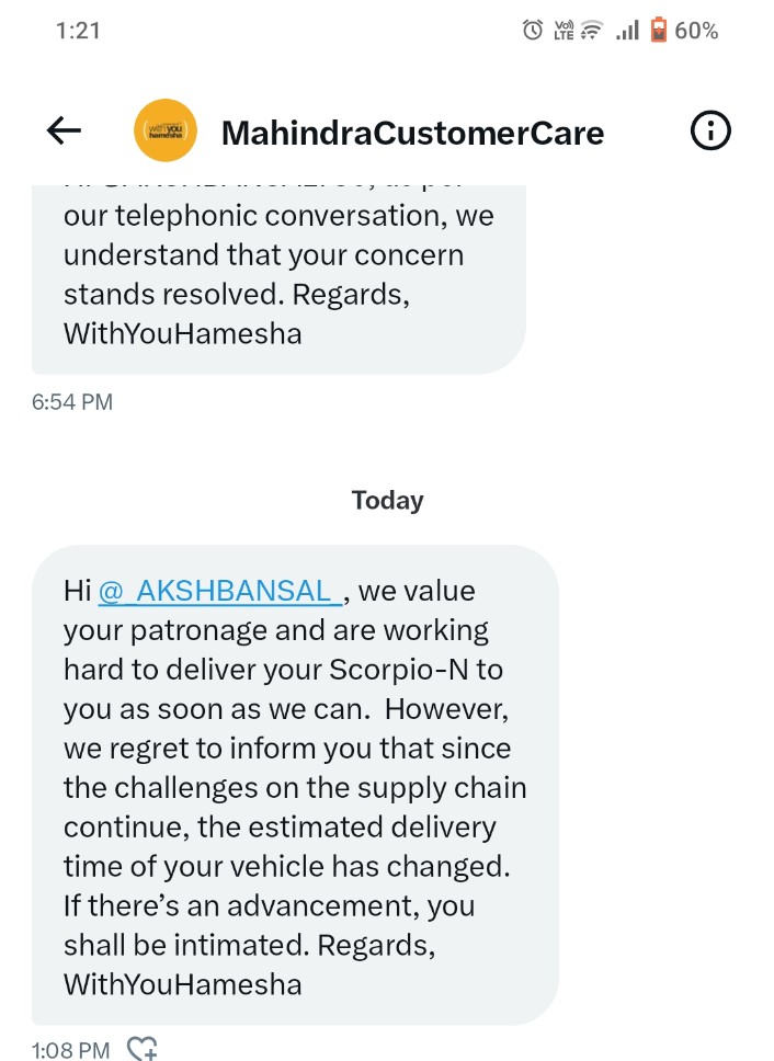 _AKSHBANSAL_'s tweet photo. @anandmahindra @Mahindra_Auto @18002096006 @MahindraRise 
What does supply chain issue mean.
You are providing Scorpio N z8L variant to non introductory also. It's scam what you are doing. Tell me a fix date on which my car will came. You are playing with customer emotions.#SCAM https://t.co/OJYPhjQyKi