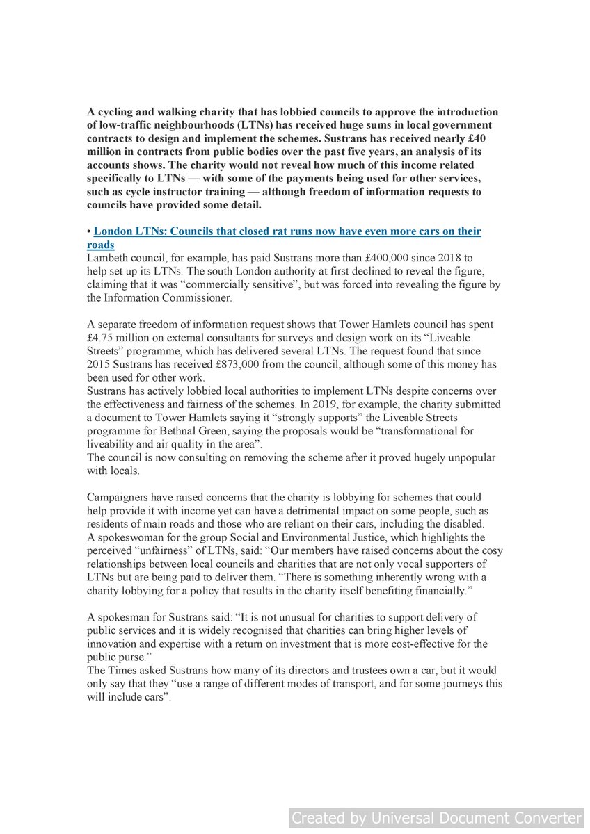 JohnJohnStewart's tweet photo. Sustrans under fire in today's Times for refusing to say how much of the £40m it has received in contracts from public bodies over the past 5 years has been for work on designing LTNs.    https://t.co/6QIEy4mfN2 https://t.co/JnZtO68foK
