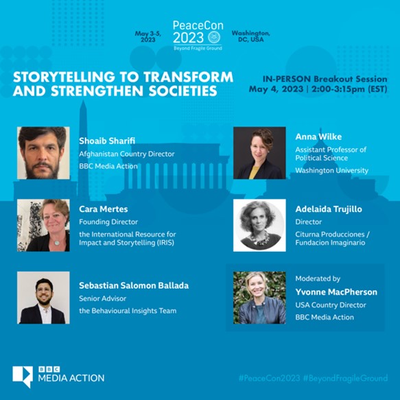 bbcmediaaction's tweet photo. From Afghanistan to Colombia, and around the world, storytelling can address conflict, and transform and strengthen society. Join our expert speakers online and in person at our #PeaceCon2023 event at 2pm EST (7pm BST) on Thursday May 4 
Register: https://t.co/hEIf8uoidj https://t.co/1WjJVfj7oh