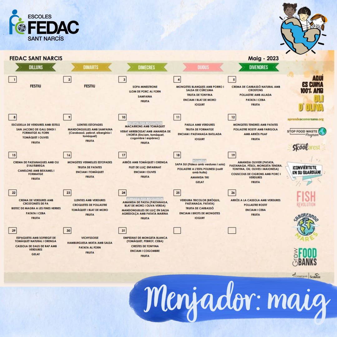 FEDACSantNarcis's tweet photo. Menú del mes de maig.
Bon profit! 🍓🥗🥘
#menjador #menjadorescolar #menú #scolarest #fedacsantnarcís #santnarcís #girona #gironès https://t.co/undIQwKxLZ