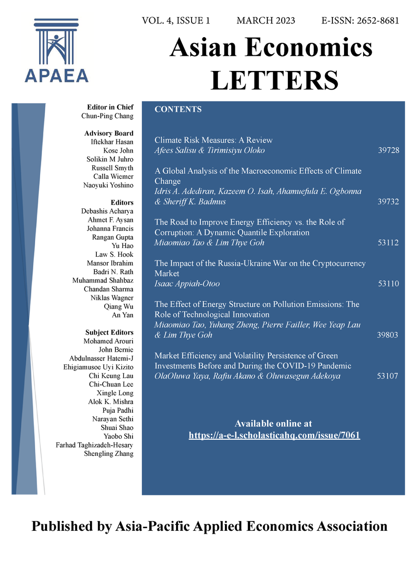 APAEAofficial's tweet photo. 📢 The latest issue (𝐕𝐨𝐥. 𝟒, 𝐈𝐬𝐬𝐮𝐞 𝟏, 𝟐𝟎𝟐𝟑) of 𝐀𝐬𝐢𝐚𝐧 𝐄𝐜𝐨𝐧𝐨𝐦𝐢𝐜𝐬 𝐋𝐞𝐭𝐭𝐞𝐫𝐬 (𝑨𝑬𝑳) is now published.
 
🔎Have a look at the six articles published in this issue with free access to read and download. https://t.co/OSTFambrtX https://t.co/yp59fbJmwb