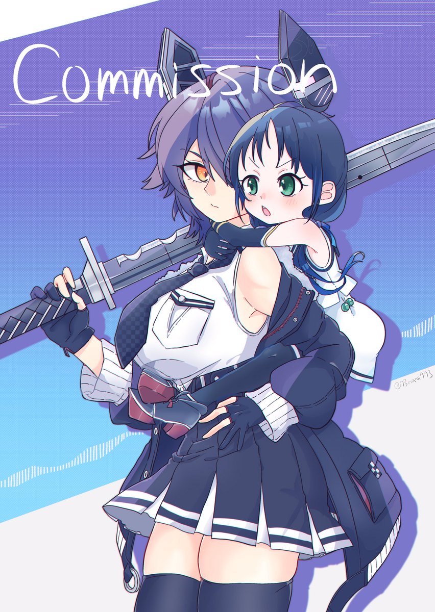 suzukaze (kancolle) ,tenryuu (kancolle) multiple girls 2girls weapon gloves sword headgear thighhighs  illustration images