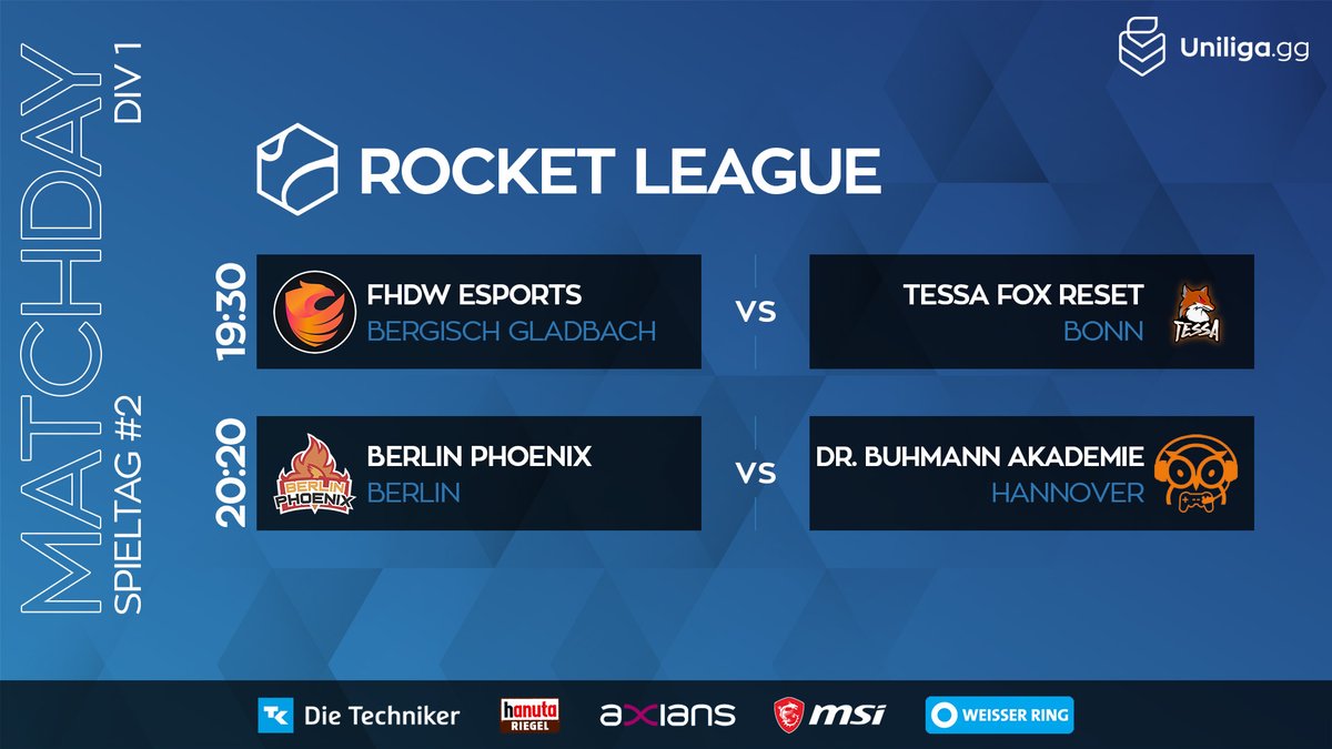Uniliga (@uniligagg) on Twitter photo #rocketleague 🏎️
Heute haben wir das Finalrematch für euch!
⏰ 19:30 Uhr
📺 /uniliga
➡️ FHDW eSports ⚔️ <a href="/tessaesports/">TeSSA 🦊 Team eSports Sankt Augustin</a> Fox Reset
➡️ <a href="/BerlinPhoenixRL/">Berlin Phoenix</a> ⚔️ <a href="/HannoverEsports/">Hannover Esport</a>
🎙️ <a href="/th3other0ne/">FACEIT Juli4n</a> & @ArneLoeffler
👮 <a href="/IV_Skyblue/">Enrico "Skyblue" Bernock</a> & @lcyAlp
🎬 <a href="/Smudi97/">Smudi</a> #rocketleague 🏎️
Heute haben wir das Finalrematch für euch!
⏰ 19:30 Uhr
📺 /uniliga
➡️ FHDW eSports ⚔️ <a href="/tessaesports/">TeSSA 🦊 Team eSports Sankt Augustin</a> Fox Reset
➡️ <a href="/BerlinPhoenixRL/">Berlin Phoenix</a> ⚔️ <a href="/HannoverEsports/">Hannover Esport</a>
🎙️ <a href="/th3other0ne/">FACEIT Juli4n</a> & @ArneLoeffler
👮 <a href="/IV_Skyblue/">Enrico "Skyblue" Bernock</a> & @lcyAlp
🎬 <a href="/Smudi97/">Smudi</a>