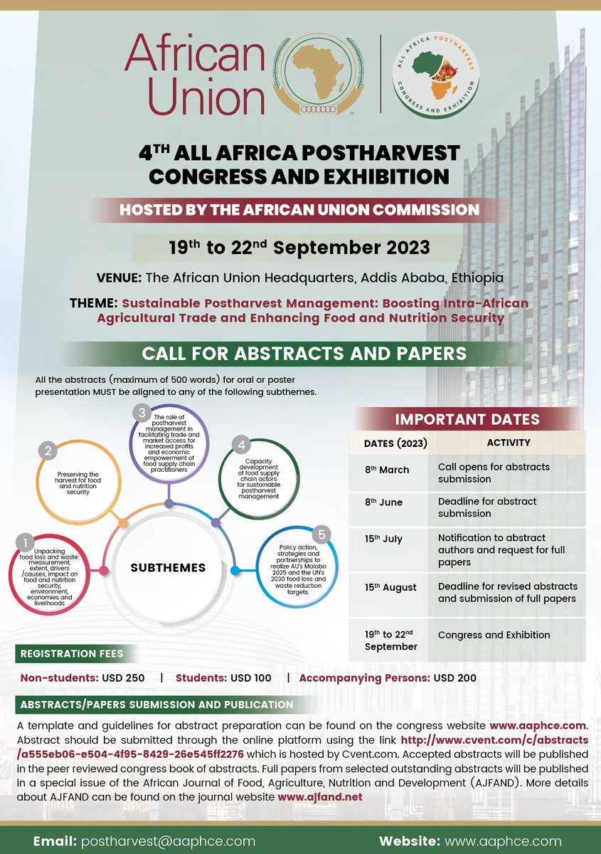 AphlisPlus's tweet photo. The 4th All Africa Postharvest Congress and Exhibition (AAPHCE) will be 19-22 September 2023 in Addis. If interested in sharing your work, submit your abstract via the online portal https://t.co/aEhD4z1Wln by 8 June 2023. Exhibition booths and side-events are also possible. https://t.co/v40H0SmEAq