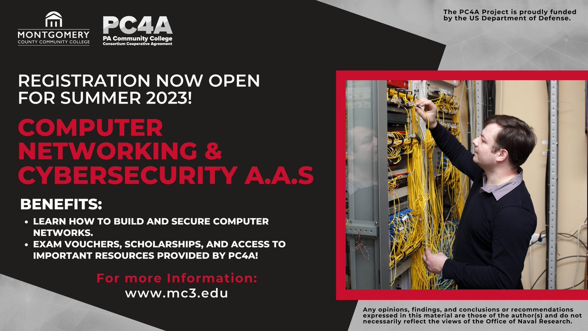 PC4ASTEM's tweet image. Interested in a career in cybersecurity? Learn how to build and secure computer networks with a degree from our PC4A Partner @mccc! Visit mc3.edu for more information, Summer 2023 registration is now open! #DoDSTEM #Cybersecurity