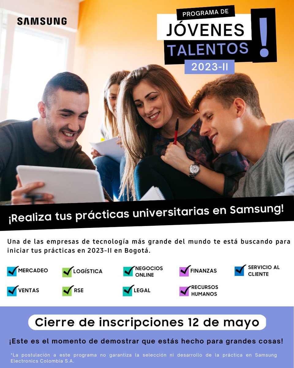JuanCVargasP's tweet photo. Realiza tus prácticas profesionales en @SamsungCo y pon aprueba tus conocimientos. Inscripciones hasta el 12 de mayo de 2023. 👉 https://t.co/f24F86P77n https://t.co/9jbM88Lzln