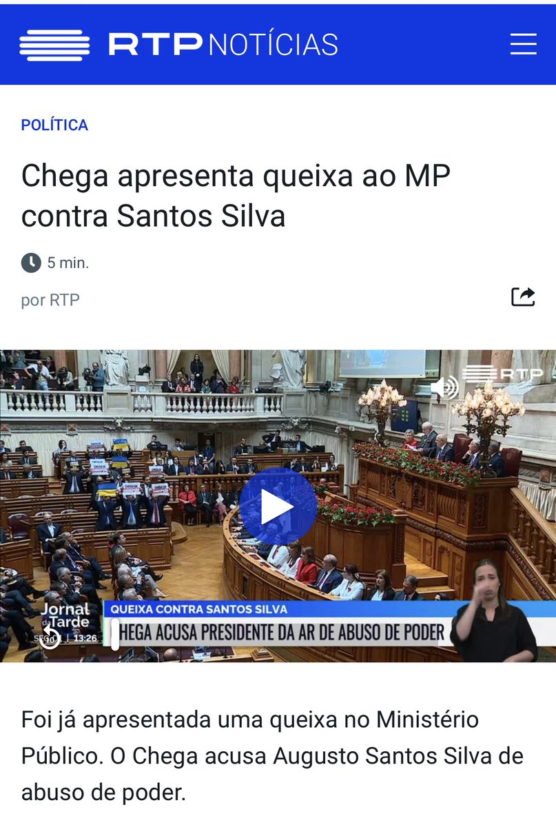 O <a href="/PartidoCHEGA/">Partido CHEGA 🇵🇹</a> já apresentou a prometida queixa por abuso de poder contra <a href="/ASantosSilvaPAR/">Augusto Santos Silva</a>, Presidente da Assembleia da República. Excluir arbitrariamente um partido democraticamente eleito das delegações parlamentares é desrespeitar a própria democracia! #DemocraciaSempre