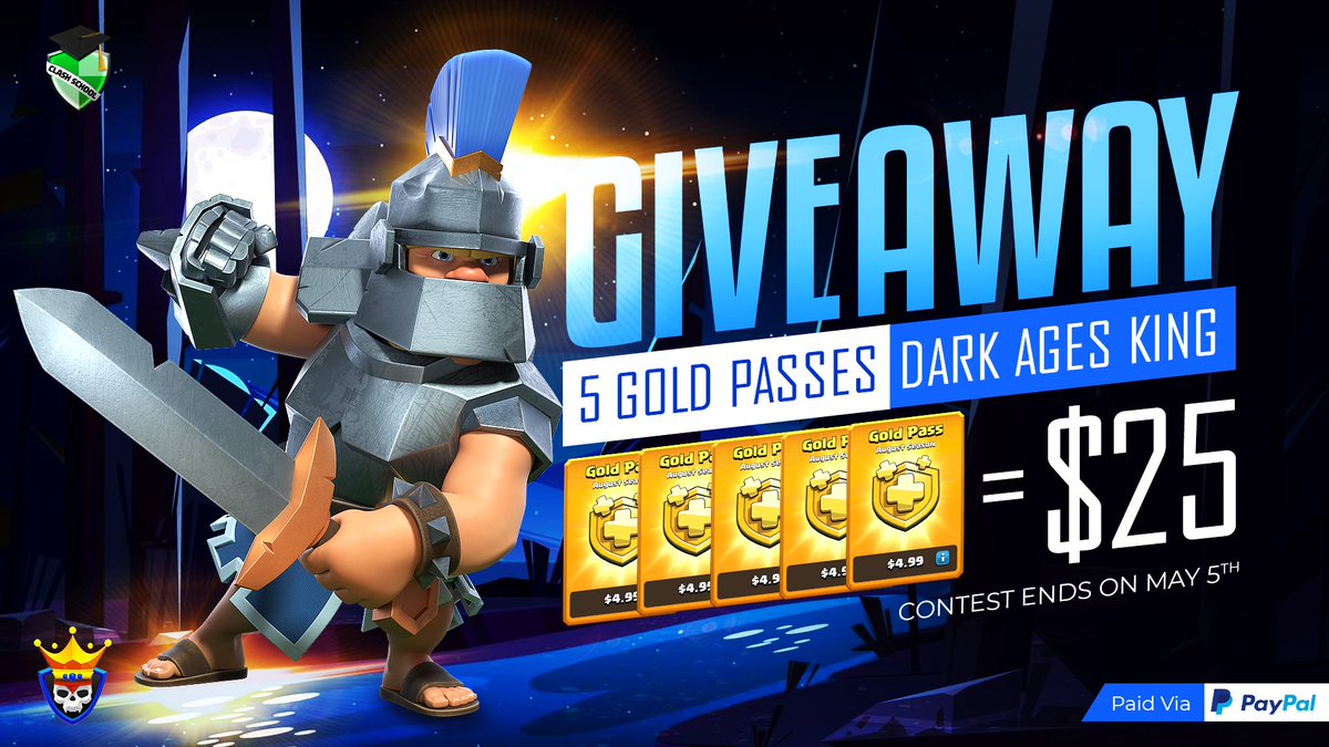 ClashChamps's tweet photo. 🔥 5x Gold Pass Giveaway + Dark Ages King!

TO ENTER:
⚡ Like &amp; RT this post
⚡ Follow
@ClashChamps &amp; @ClashSchool

⚡ Tag 2 friends

🔥BONUS ENTRY = POST SCREENSHOT USING CODE
👉https://t.co/vsHFGttZYy

⏰ Contest ends 5th May

#Giveaway #BlueAndYellowTogether https://t.co/LrJ3txsKfG