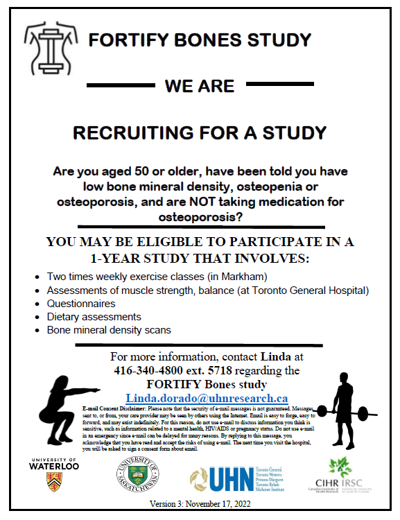 We need your help getting the word out about an #exercise and #osteoporosis study - please share! Recruiting in Markham, Waterloo and Saskatoon. Markham site just opened - see contact info below! For other sites or general inquiries: uwaterloo.ca/bone-health-ex…