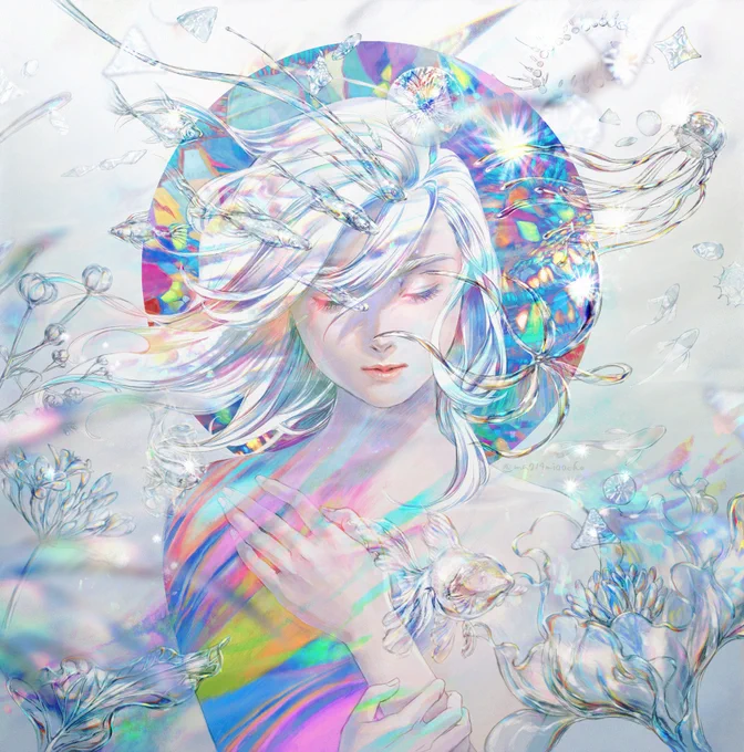 改めまして、 #LiflistaSounds 「透明」のジャケットイラストとして描かせていただいた絵です。何色にも染まっていない(=白い)女性があらゆる可能性(=周りに飛んでる透明なものたち)の中で目を閉じている、というイメージで描きました!透明なものたちは→ 