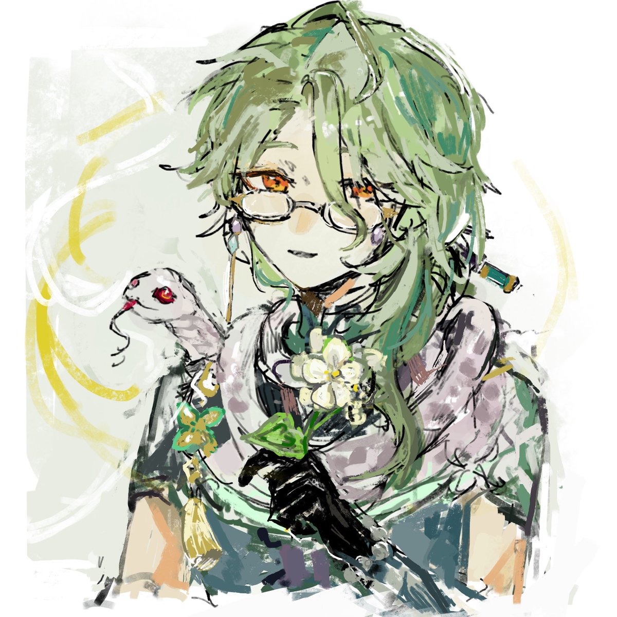 1boy snake male focus flower glasses gloves green hair  illustration images