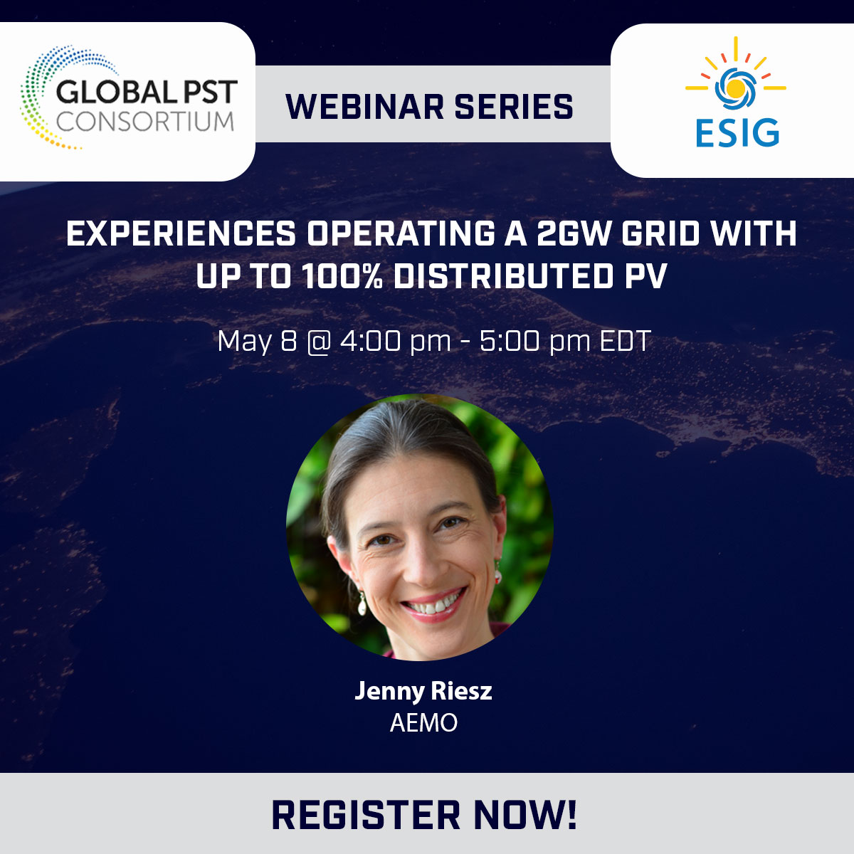 🌎Upcoming G-PST/ESIG Webinar🌎

"Experiences Operating a 2GW Grid with up to 100% Distributed PVs" 

Featuring: Jenny Riesz, <a href="/AEMO_Energy/">AEMO</a> 

📅May 8
🕓4:00 p.m. (EDT) 
 
Register: uvig.webex.com/weblink/regist…

cc: <a href="/Global_PST/">Global Power System Transformation Consortium</a>