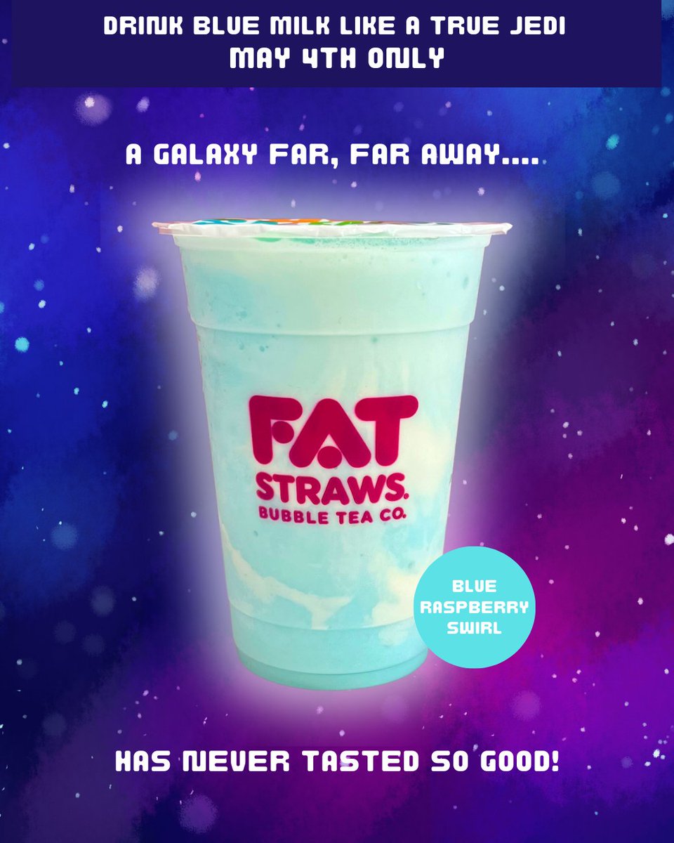 On May 4th, drink blue milk like a true Jedi!

#starwars #bluemilk #blueraspberry #fatstraws #mayfourth

🕐 8am - 9pm Monday - Saturday
🕐 ALPHA: 11am - 9pm Monday - Saturday
❌ CLOSED ON SUNDAYS