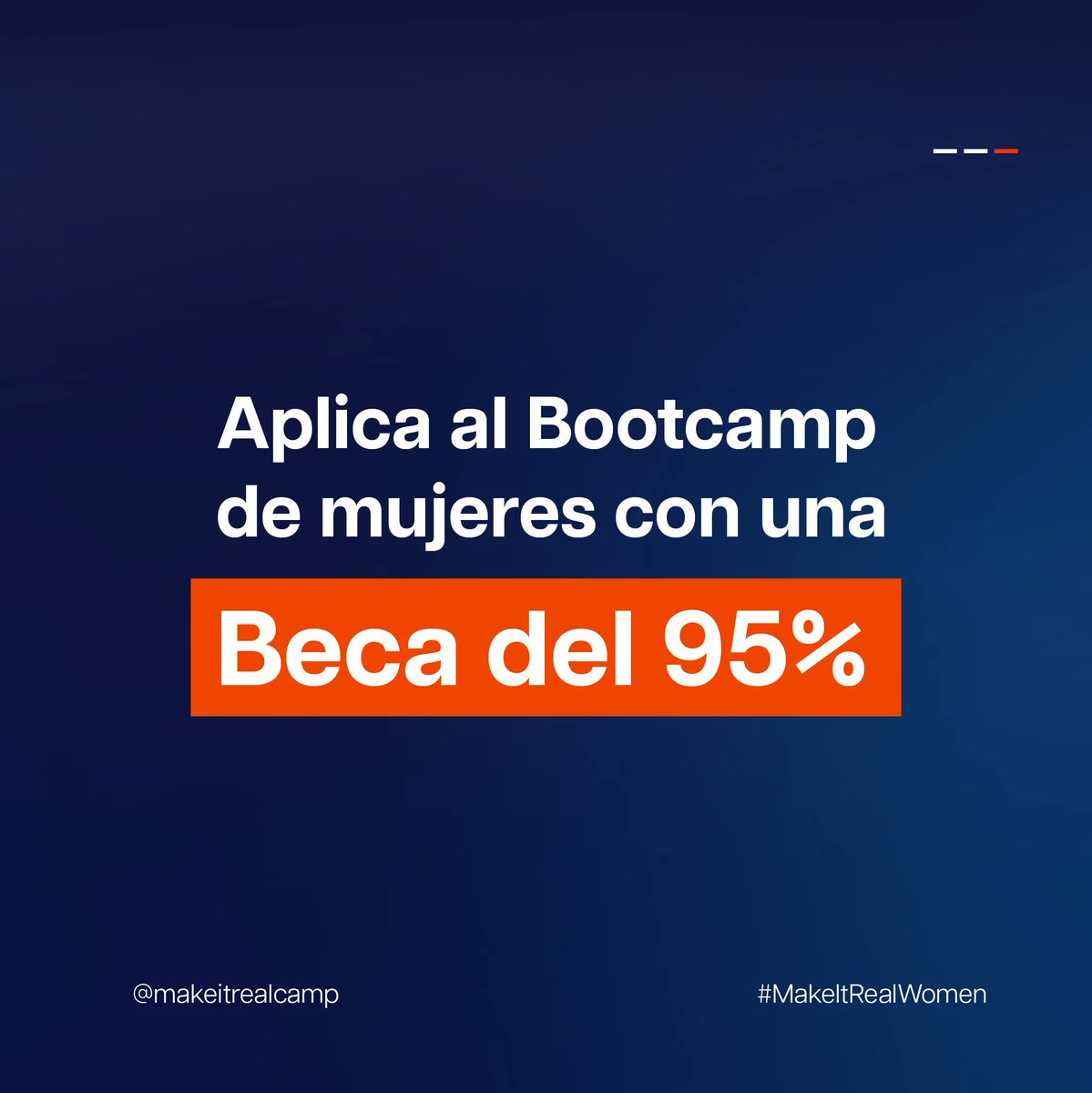 Tú también podrías dedicarte a una profesión para trabajar desde casa, flexible, que te permitan crecer a nivel personal y profesional.

Inscríbete al Bootcamp de Mujeres y aplica a una beca del 95% 
makeitreal.camp/bootcamp-mujer… 

#makeitreal #programacion #beca #developer #software