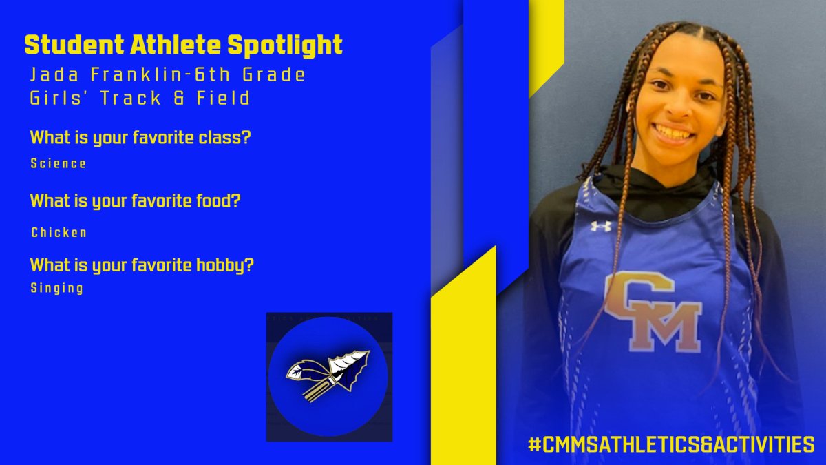 Check out this week's 6th grade girls' track & field student athlete! Jada has participated in many sports this year and is looking forward to showing us what she can do on the track team this spring. Best of luck Jada!