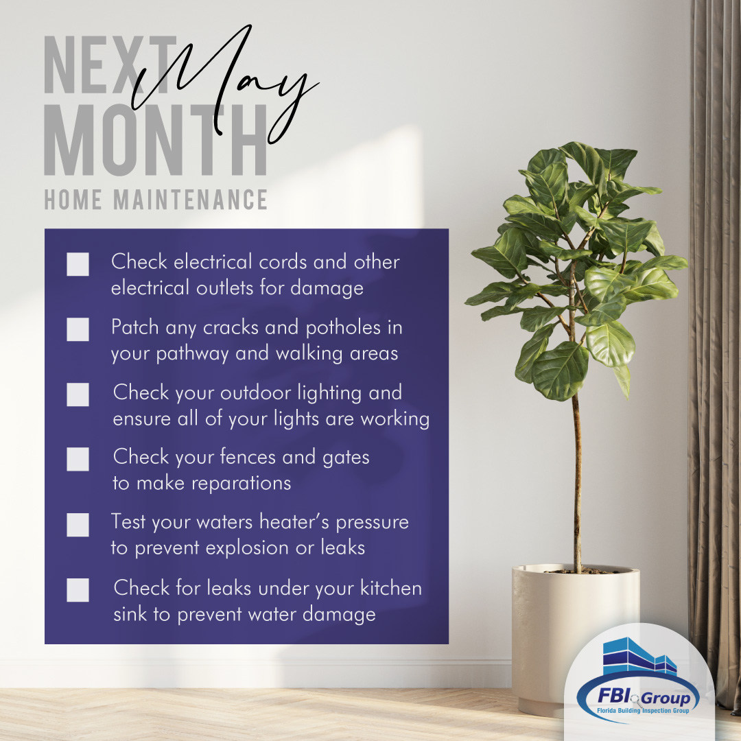 FLBIGroup's tweet photo. 🌷 Welcome May! 🌷
Stay on top of your home's upkeep this spring with our essential May checklist … See if your checklist matches up with ours! 🔨🌷 #maintenancetips #homewellness #springcleaning #may #tampabay #fbigroup #fbiinspections #dustiefbi https://t.co/LKSf8GFWbQ