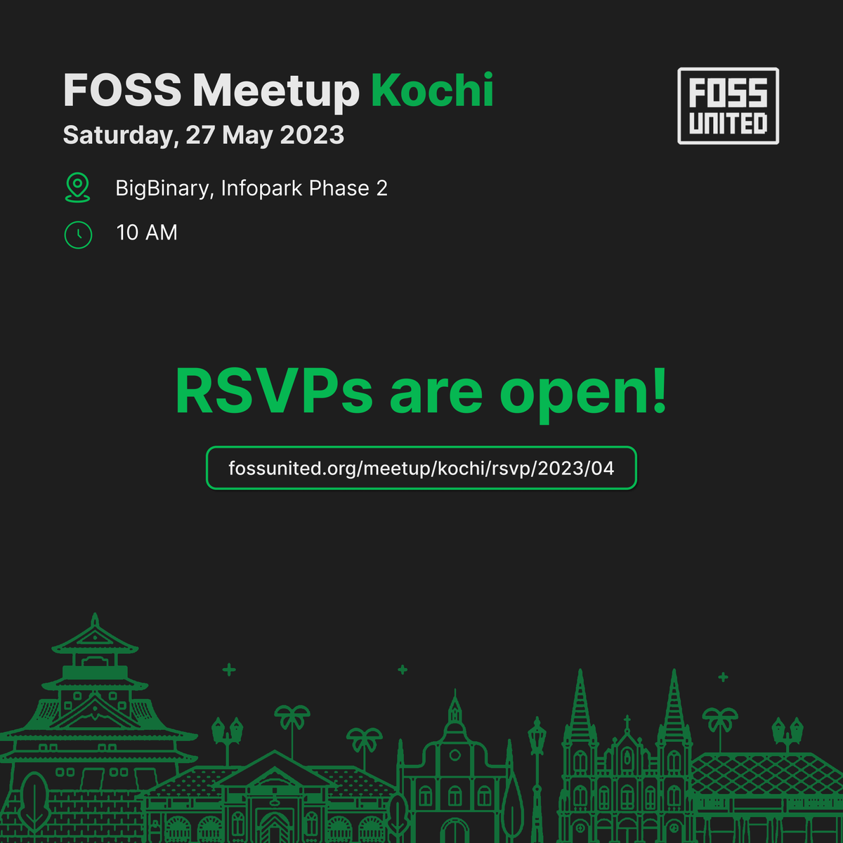 KochiFOSS's tweet image. RSVPs are now OPEN for the #FOSSMeetup in Kochi on May 27, 2023! 🥳

Venue: 📍BigBinary, Infopark Phase 2

Join us for @FOSSUnited&apos;s first-ever meetup in Kochi! Connect with fellow FOSS enthusiasts, and share your passion for #FOSS.

👉🏻 RSVP: fossunited.org/meetup/kochi/r…