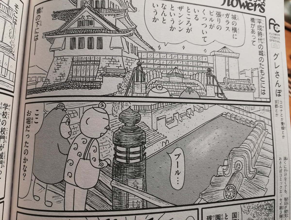 今発売中の月刊フラワーズhttps://flowers.shogakukan.co.jp/に「グレさんぽ」載っています。今回は園部編の後編!知られざる園部は日本で一番最後に築かれたお城の跡があったり、平成時代の城があったり、日本最古の天満宮があったり、ちょっと時空がゆがんだ、盛りだくさんないいところでした。